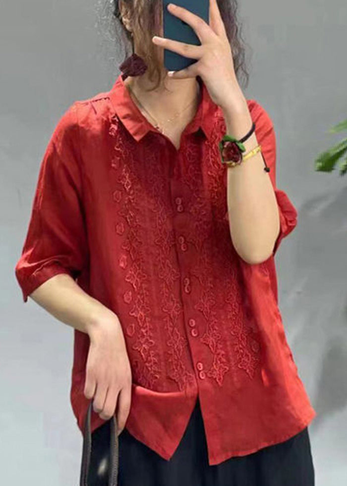 Mulberry Embroideried Slim Fit Linen Shirt Tops Half Sleeve