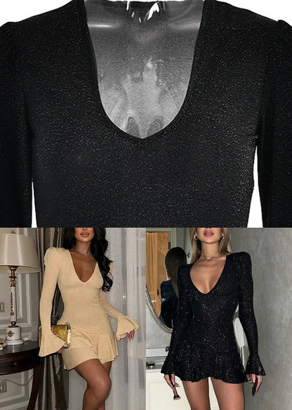 Italian New Black V Neck Silk Mid Dress Spring