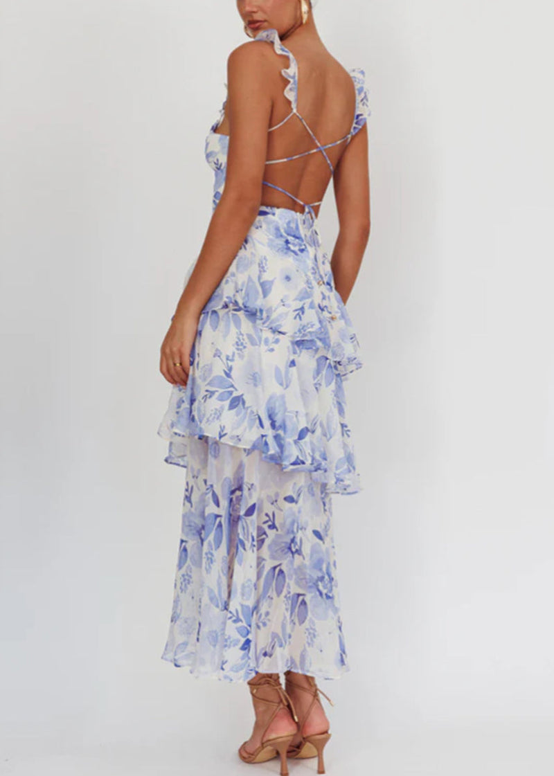 Italian Blue Print Backless Lace Up Chiffon Spaghetti Strap Dress Sleeveless