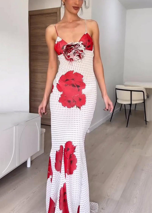 White V Neck Print Chiffon Spaghetti Strap Dress Sleeveless