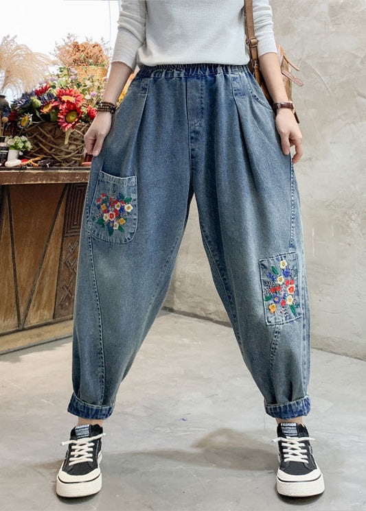 Denim Blue Embroideried Elastic Waist Pockets Cotton Harem Pants Summer