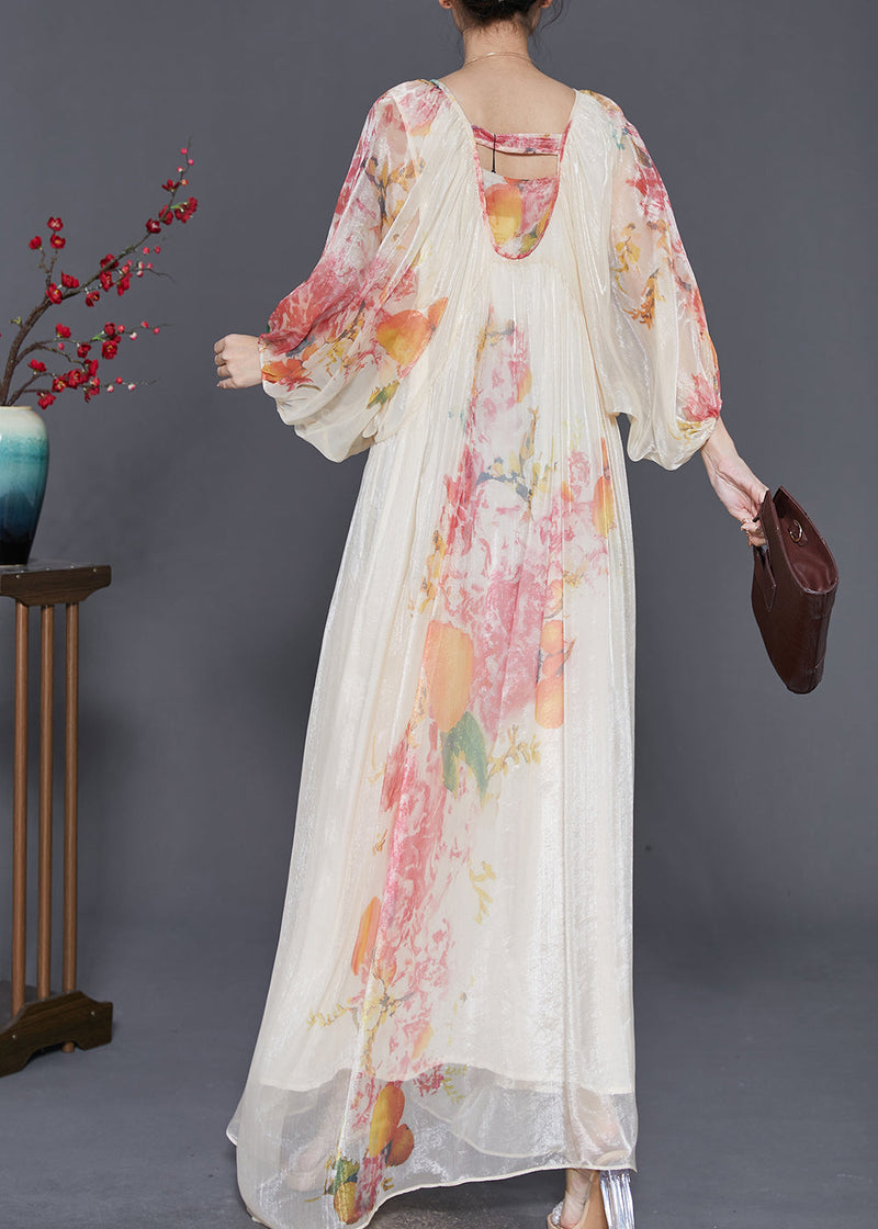 Apricot Oversized Print Chiffon Vacation Dresses Lantern Sleeve