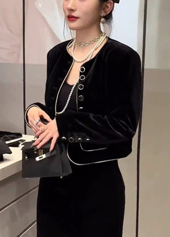 Diy Black O-neck Button Silk Velour Coats Fall