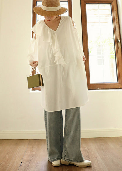White Ruffled Asymmetrical Cotton Mid Dresses Fall