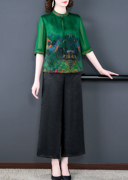 Green Print Tops and Pants Silk Two Pieces Set Summer