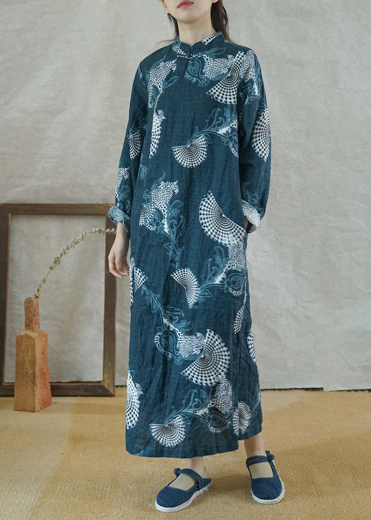 Blue Mandarin Collar Side Open Print Linen Long Dress Long Sleeve