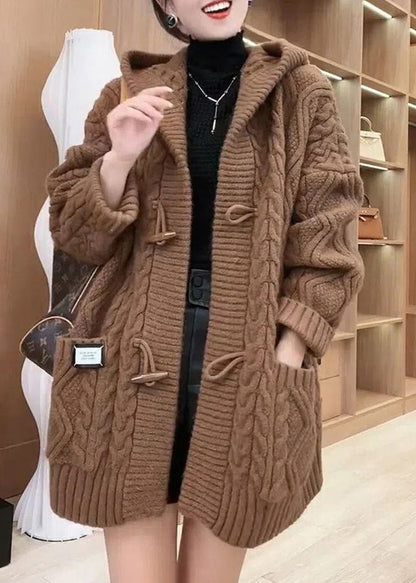 Chocolate Colour Button Cable Knit Sweaters Coats Fall