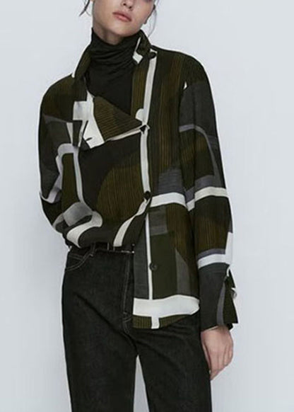 Dark Green Stand Collar Striped Patchwork Shirt Long Sleeve