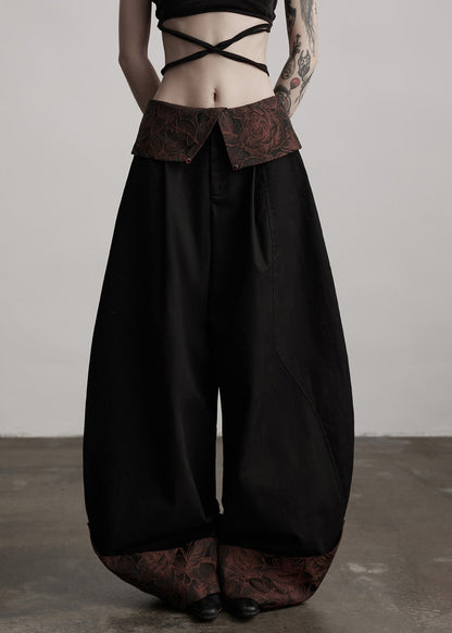 Italian Black Jacquard Patchwork Cotton Wide Leg Pants Fall