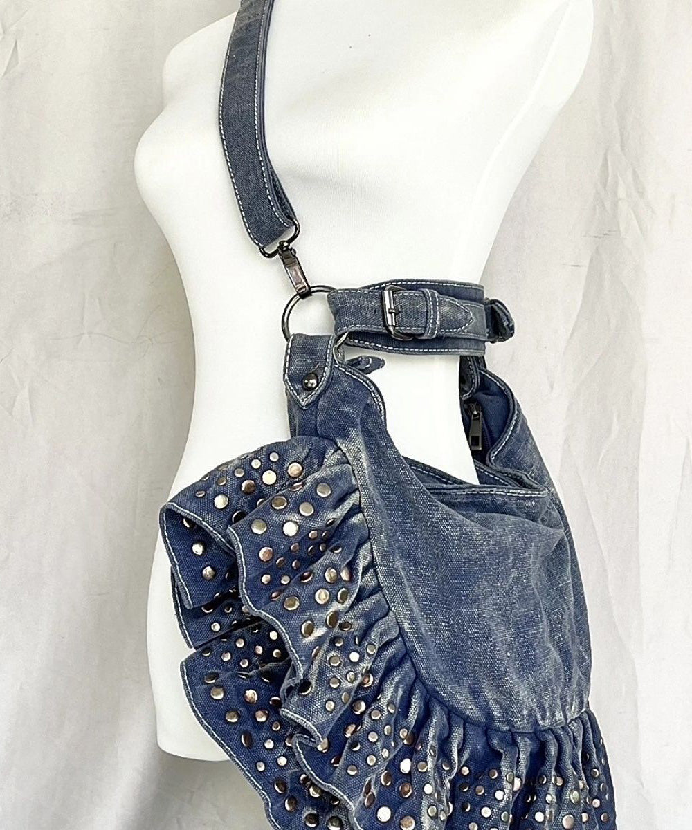 European and American Large Capacity Ruffled Rivet Denim Shoulder Bag