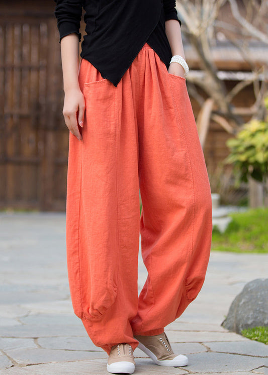 Orange Pockets Linen Pants High Waist