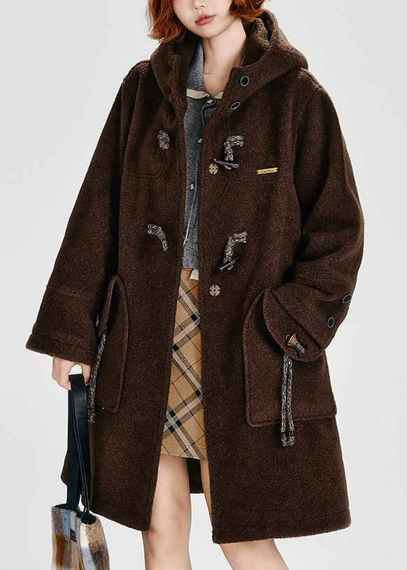 Coffee Pockets Button Woolen Hoodie Coat Winter
