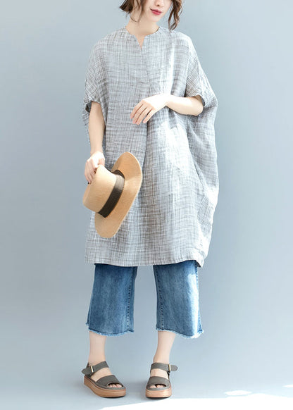 Classy Black Plaid Loose Bat Wing Sleeve Linen Top