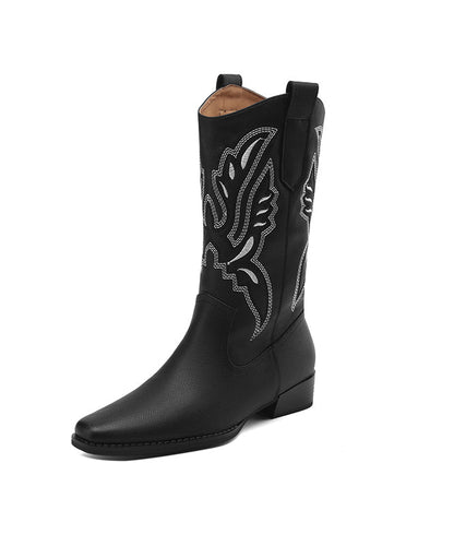 Black Embroideried Splicing Cowhide Leather Chunky Cowboy