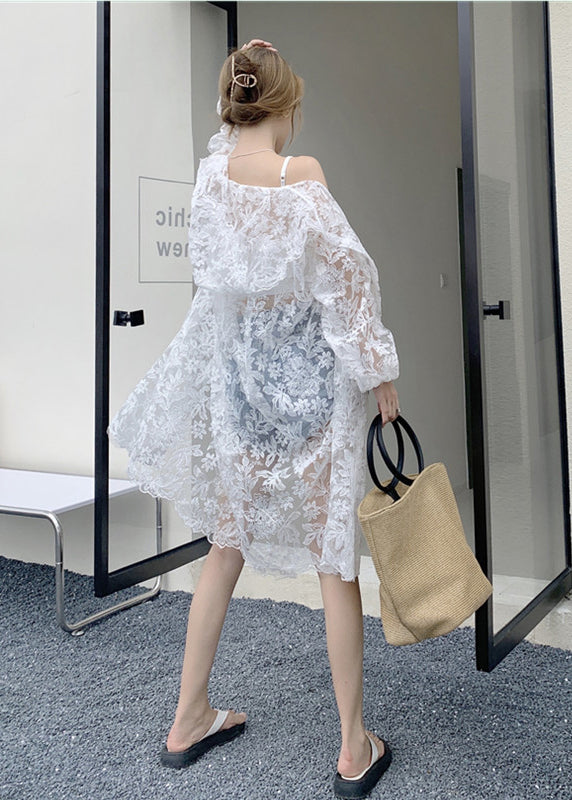 White Embroideried Hooded Tulle Cardigans Summer