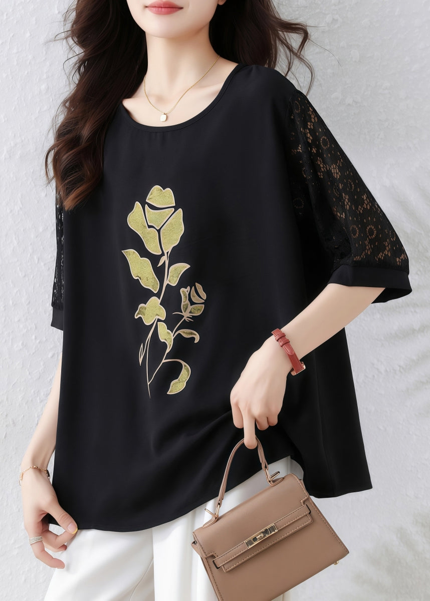 Black Print Lace Hollow Out Cotton T Shirt Half Sleeve