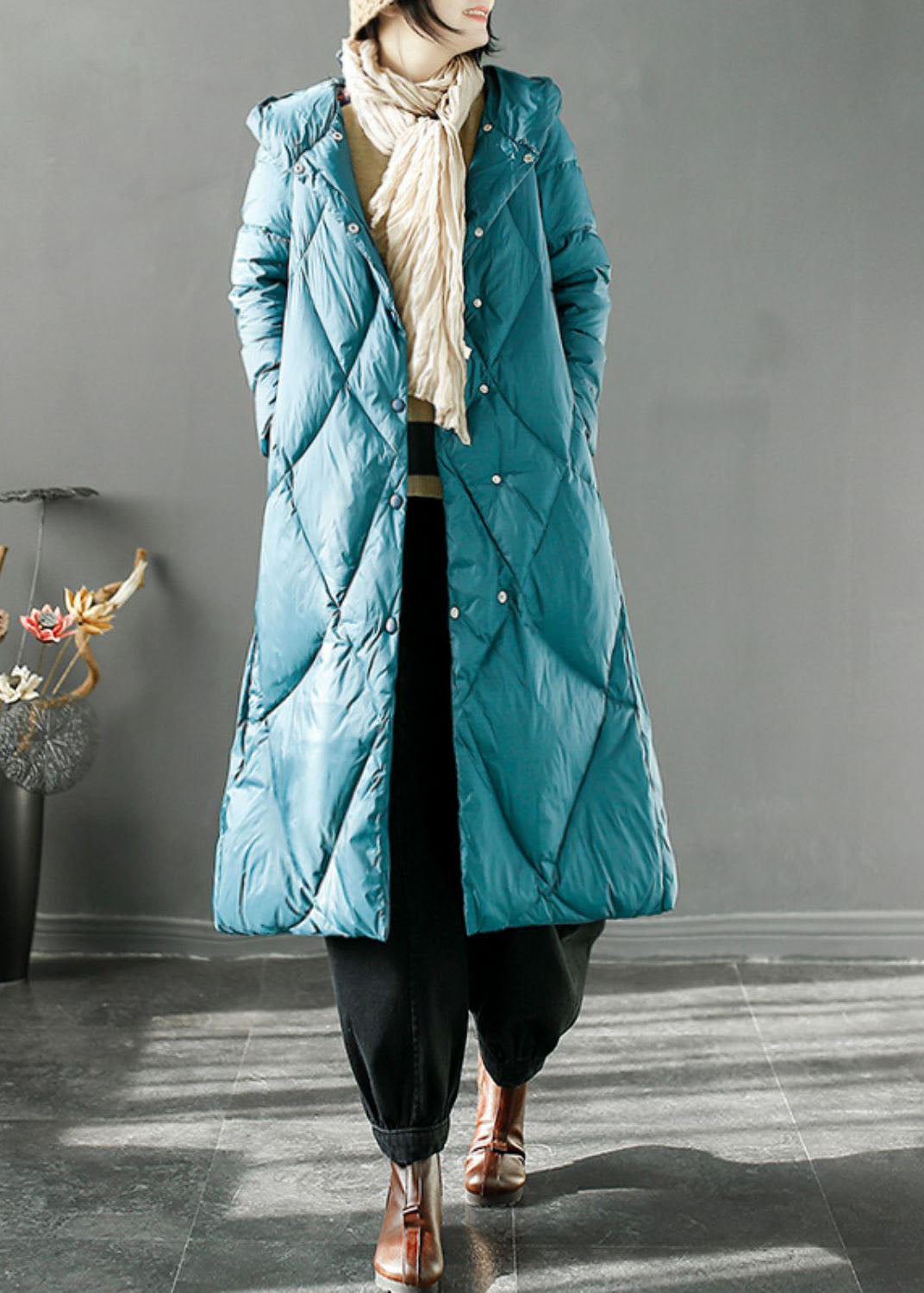 Blue Plaid Pockets Button Duck Down Long Hooded Down Coat Long Sleeve
