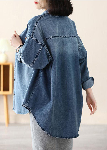 Blue Peter Pan Collar Oversized Applique Cotton Denim Coat Spring