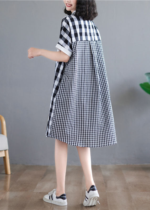 Black White Plaid Peter Pan Collar Asymmetrical Design Patchwork Cotton Shirt Dress Short Sleeve