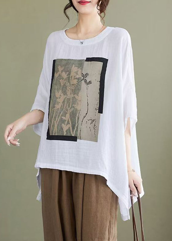 White Print Low High Design Cotton Blouses Bracelet Sleeve