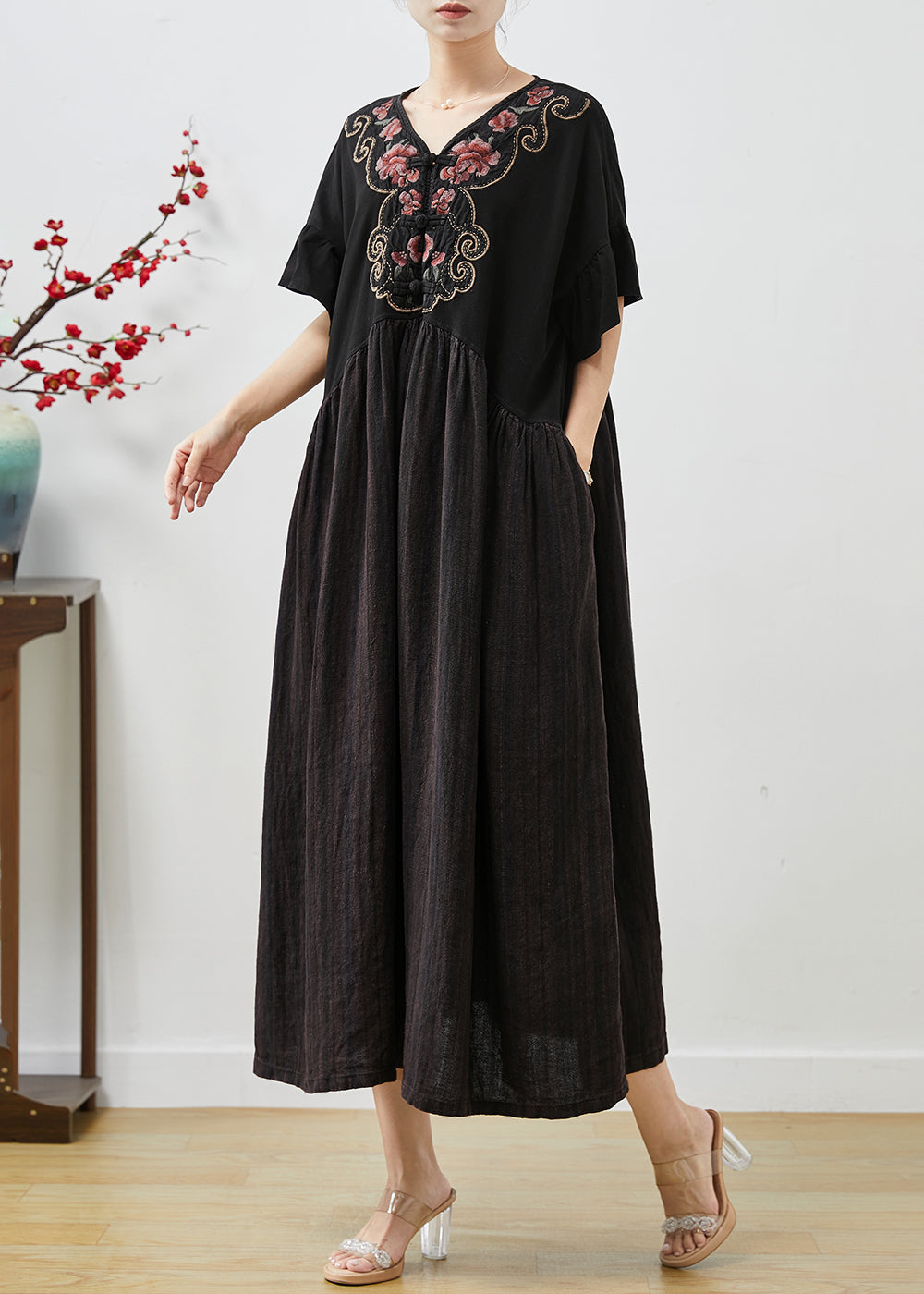 Black Embroidered Patchwork Cotton Long Dress Summer