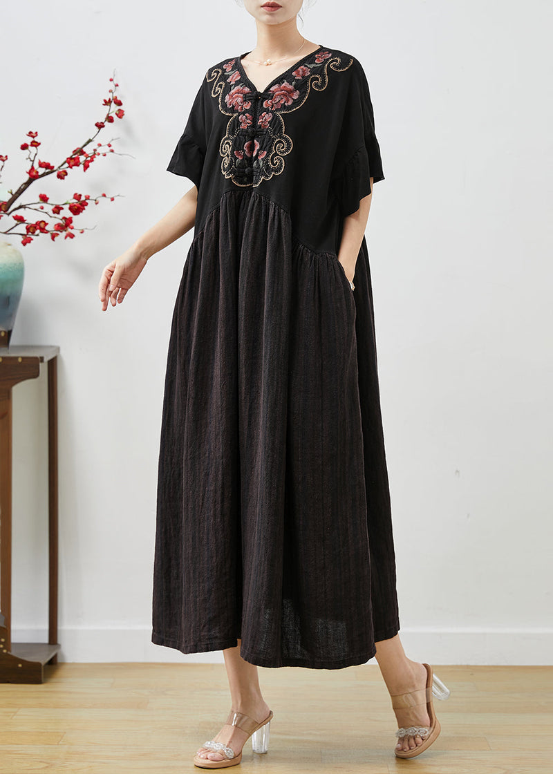 Black Embroidered Patchwork Cotton Long Dress Summer