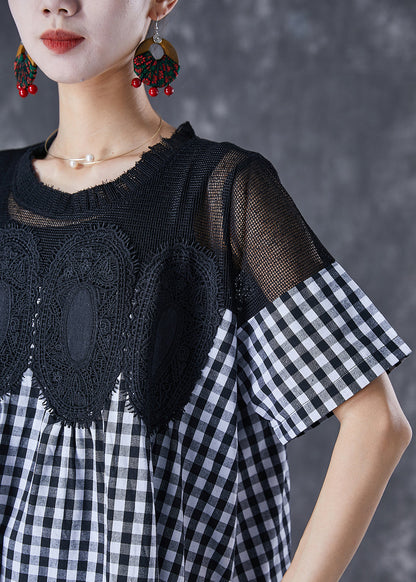 Black Plaid Patchwork Hollow Out Linen Dress Summer