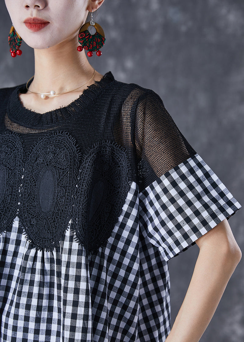 Black Plaid Patchwork Hollow Out Linen Dress Summer