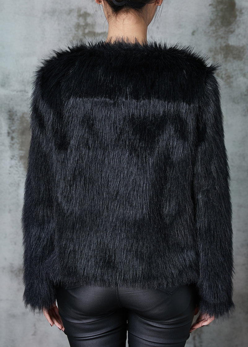 Black Patchwork Faux Fur Coat O-neck Winter