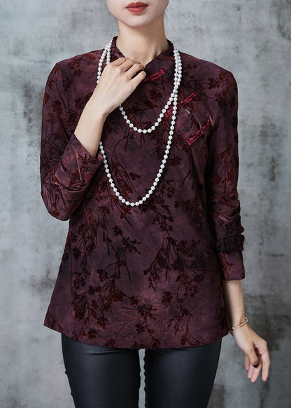 Dull Purple Mandarin Collar Jacquard Velour Oriental Tops Fall