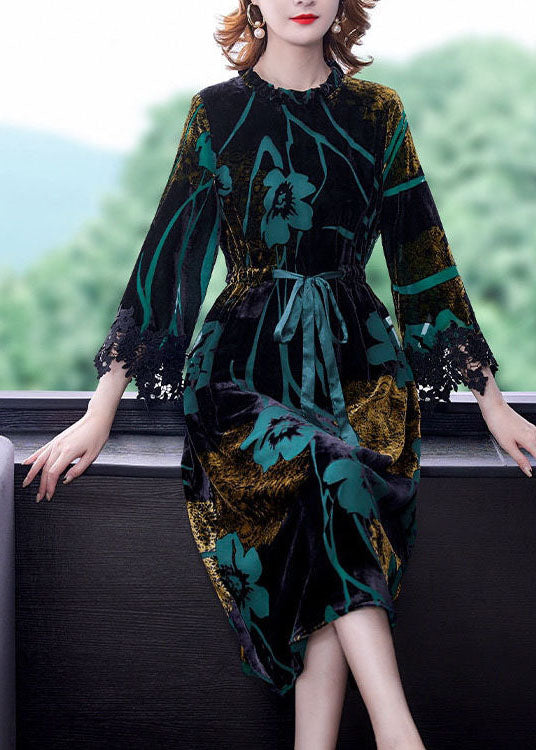 Green Cinched Jacquard Silk Velour Long Dress Spring