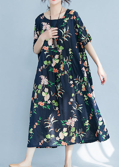 Navy O-neck Zippered Pocket Print Dresses Short Sleeve