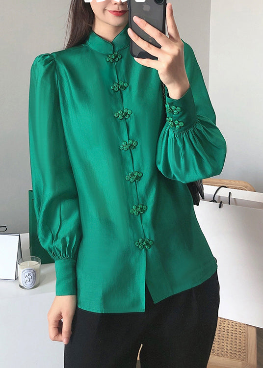 Green Stand Collar Chinese Button Silk Blouse Top Long Sleeve