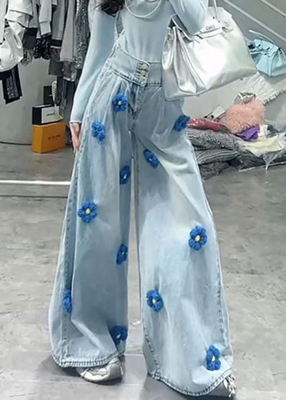 Blue High Waist Decorated Denim Wide Leg Pants Spring