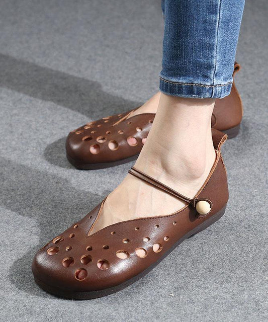 Cowhide Chocolate Leather Flat Shoes for Hollow Out Flat Shoes