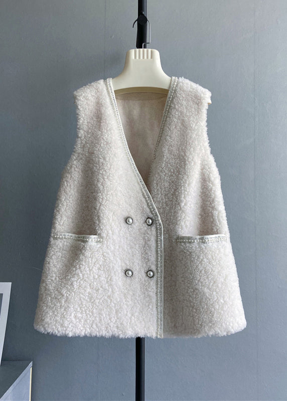Beige V Neck Pockets Button Wool Vest Sleeveless