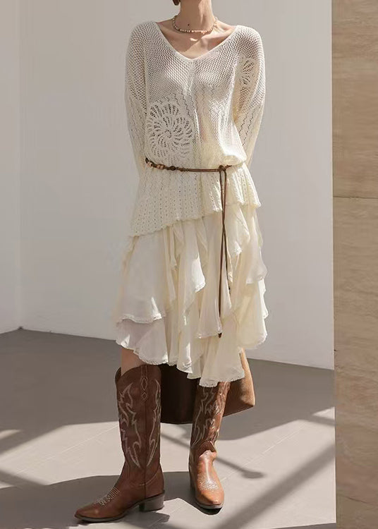 White Asymmetrical Ruffles Chiffon Skirt Spring