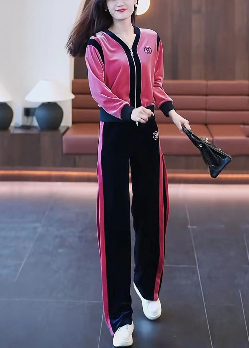 Pink V Neck Zippered Patchwork Coats and Pants Silk Velour Two Pieces Set Fall