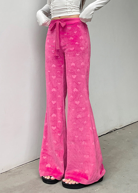 Pink Print Tie Waist Knit Flared Trousers