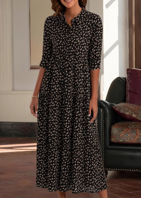 Red Peter Pan Collar Print Cotton Long Dress Half Sleeve