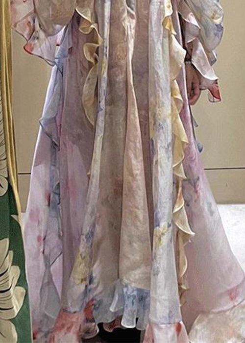 Cold Shoulder Ruffled Print Chiffon Long Dresses