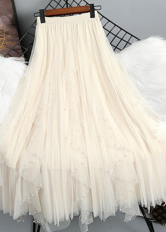 Green Nail Bead Patchwork Elastic Waist Tulle Maxi Skirt