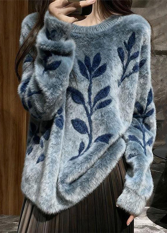 Jacquard Blue O-neck Cozy Mink Hair Knitted Sweater Spring