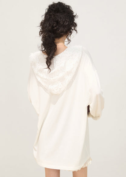White Hooded Patchwork Lace Cotton Pullover Sweatshirt Spring