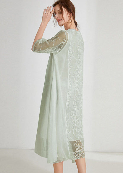Light Green Asymmetrical Design Chiffon Dress Embroideried Half Sleeve