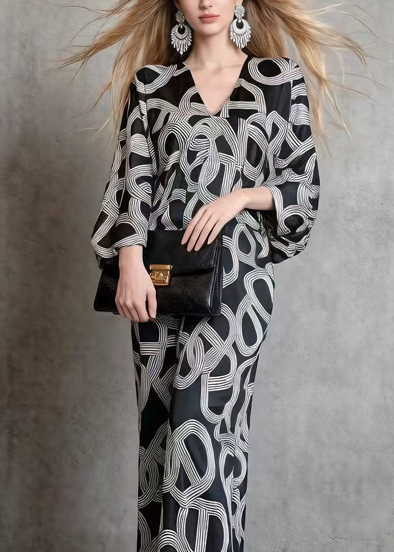 Black V Neck Print Silk Long Dress Batwing Sleeve