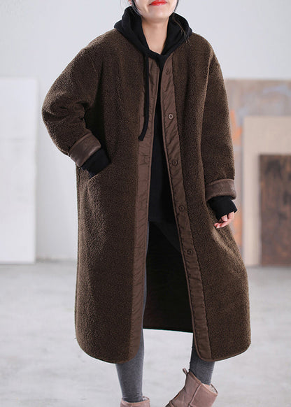 Loose Chocolate O-neck Patchwork Button Pockets Faux Fur Coats Long Sleeve