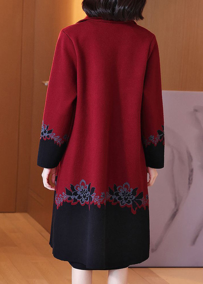 Red Button Print Patchwork Cotton Knit Coats Long Sleeve Fall