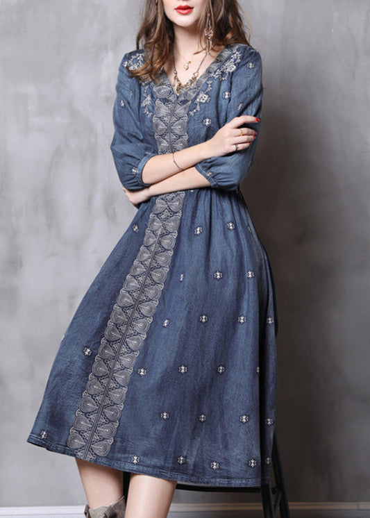 French Blue Elastic Waist V Neck Embroideried Cotton Dresses Half Sleeve