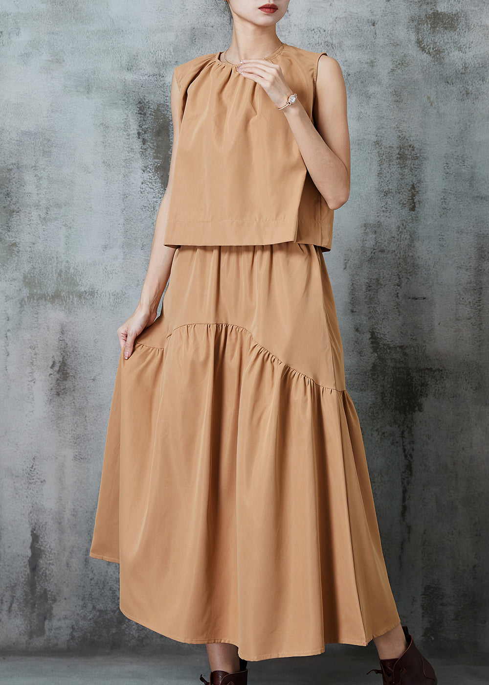 Khaki Patchwork Silm Fit Cotton Two Pieces Set Summer